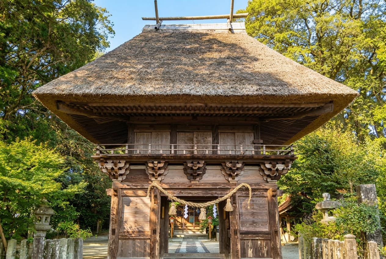 多良木町にある、国指定重要文化財の楼門（ろうもん）が厳かな「王宮神社」の風景